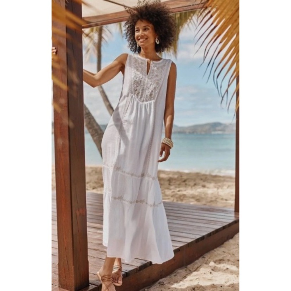 J. Jill Embroidered Maxi Dress Womens 2X White Cotton Blend Beaded Boho Cottage